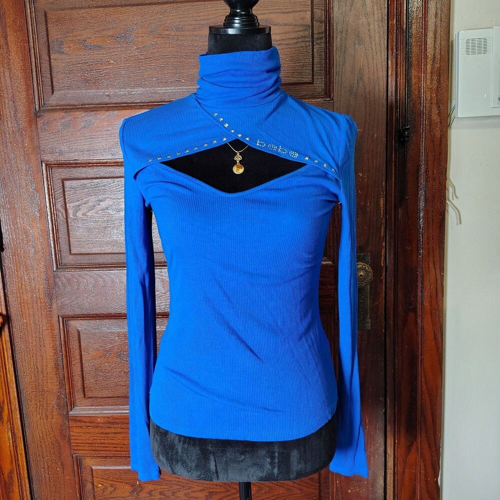 Bling Studded Cut Out Chest Blue Turtle Neck Bebe Long Sleeve Top/T685